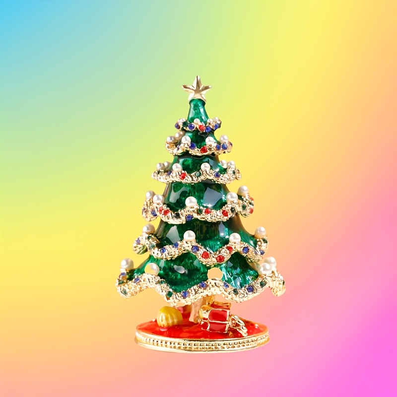 Alloy Christmas Tree Trinket Box, Hand-Painted Enamel Ring Storage Figurine